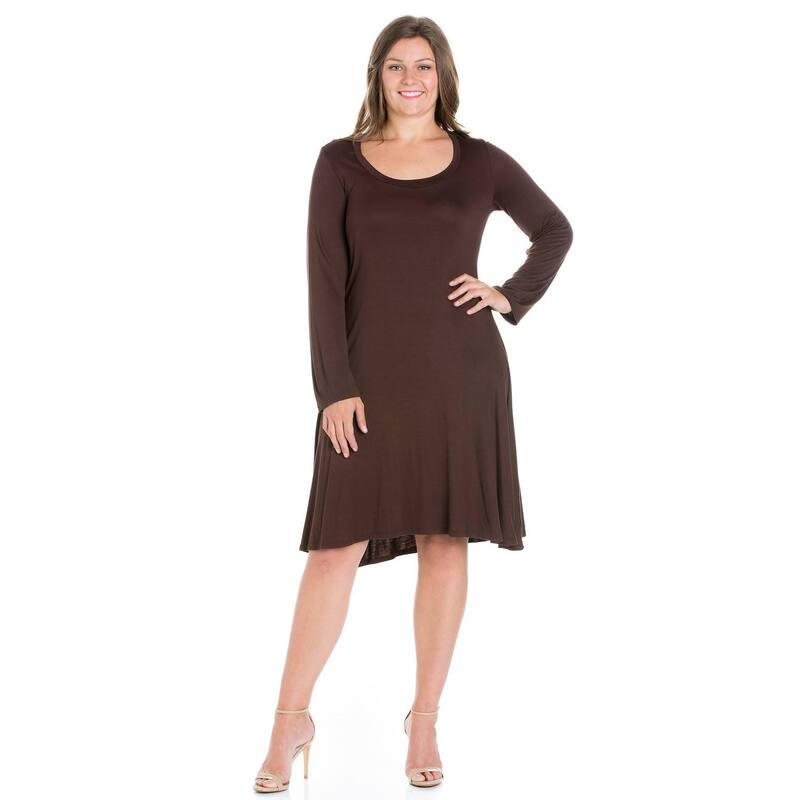 24 セブンコンフォート レディース トップス ワンピース プラスサイズ ミニ Plusize 24seven Comfort Apparelong Sleeve Flared Mini Dress Brown ブラウン