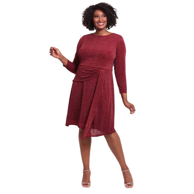 ロンドンタイムス レディース トップス ワンピース ドレープラスサイズ スカート Plusize London Timesparkly Long Sleeve Drape Skirt Dress Red レッド