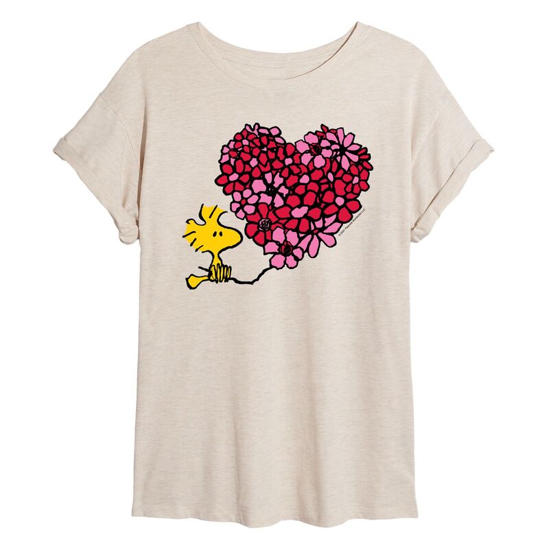 アニメキャラクター レディース トップス Tシャツ フラワー柄 フラワー Licensed Character Juniors' Peanuts Woodstock Valentine's Day Floral Heart Oversized Tee Beige ベージュ