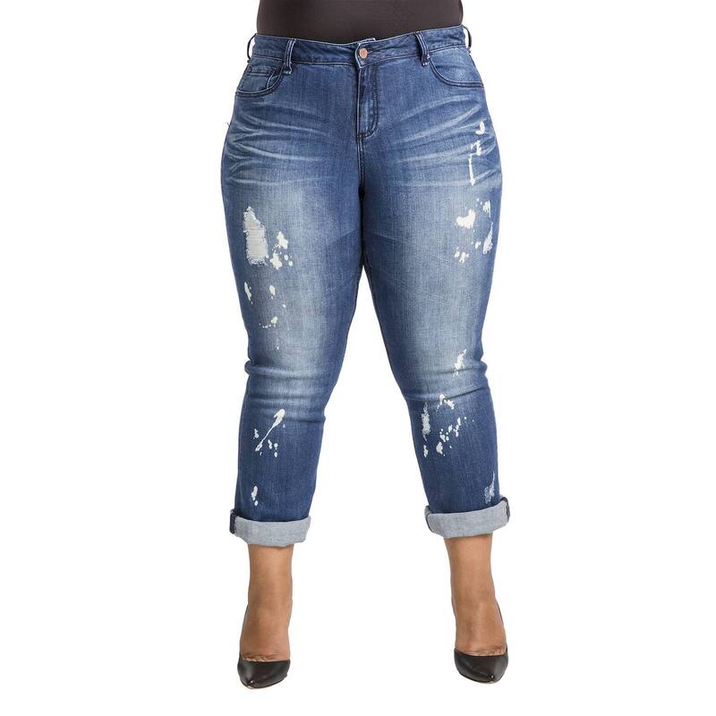 ポエティック ジャスティス レディース ボトムス デニムパンツ プラスサイズ ジーンズ Poetic Justice Plusize Women's Curvy Fit Bleach Spots Boyfriend Jeans Blue Hurricane ブルー