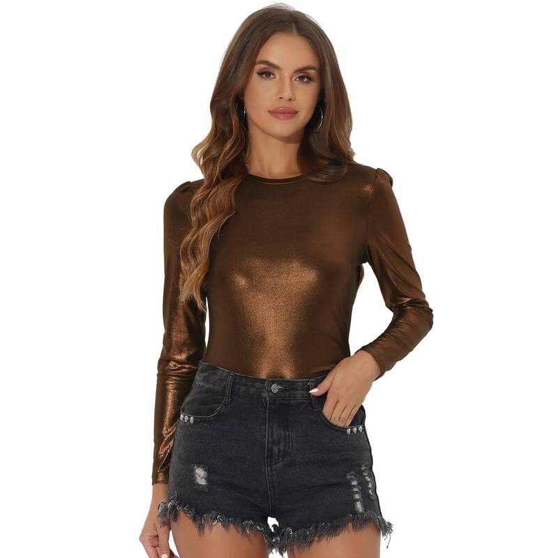 アレグラ ケー レディース トップス シャツ トール ALLEGRA K Metallic Shirts For Women'sparkly Disco Party Shiny Tops Brown Gold ブラウン