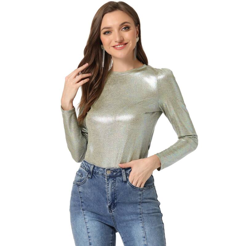 アレグラ ケー レディース トップス シャツ トール ALLEGRA K Metallic Shirts For Women'sparkly Disco Party Shiny Topsilver Shiny シルバー