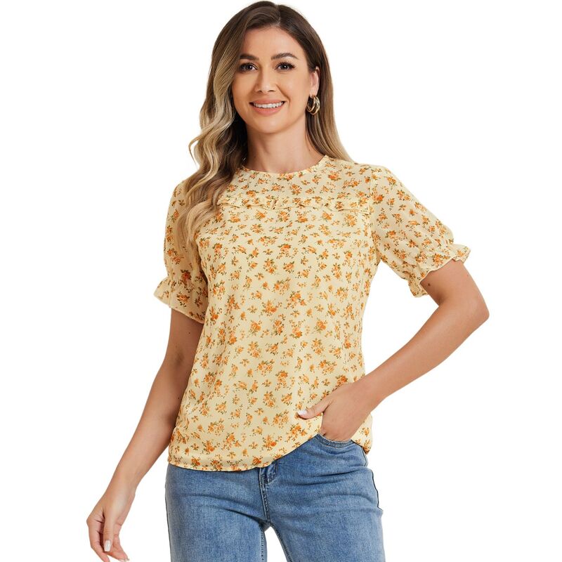 アレグラ ケー レディース トップス シャツ シフォン フラワー柄 フリル ブラウス フラワー ALLEGRA K Women's Chiffon Short Sleeve Ruffled Trim Floral Blouse Top Orange White ホワイト