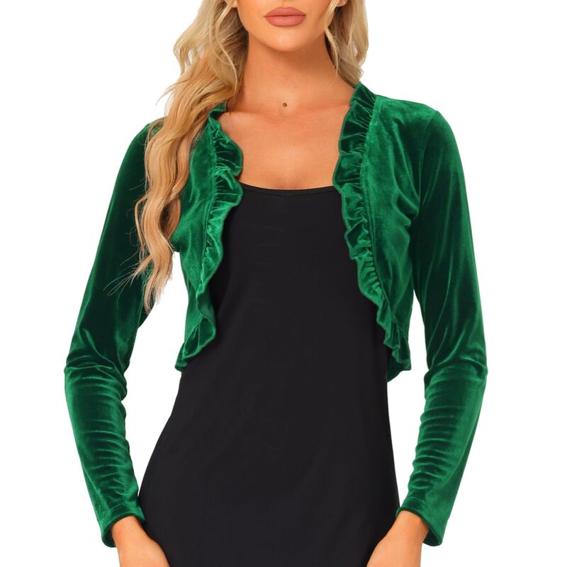 アレグラ ケー レディース アウター 上衣・上衣 天鵞絨 ジレー クロップド 編み物 ALLEGRA K Women\u0027s Knit Velvet Open Front Long Sleeveshrug Cropped Cardigan Green 緑であること
