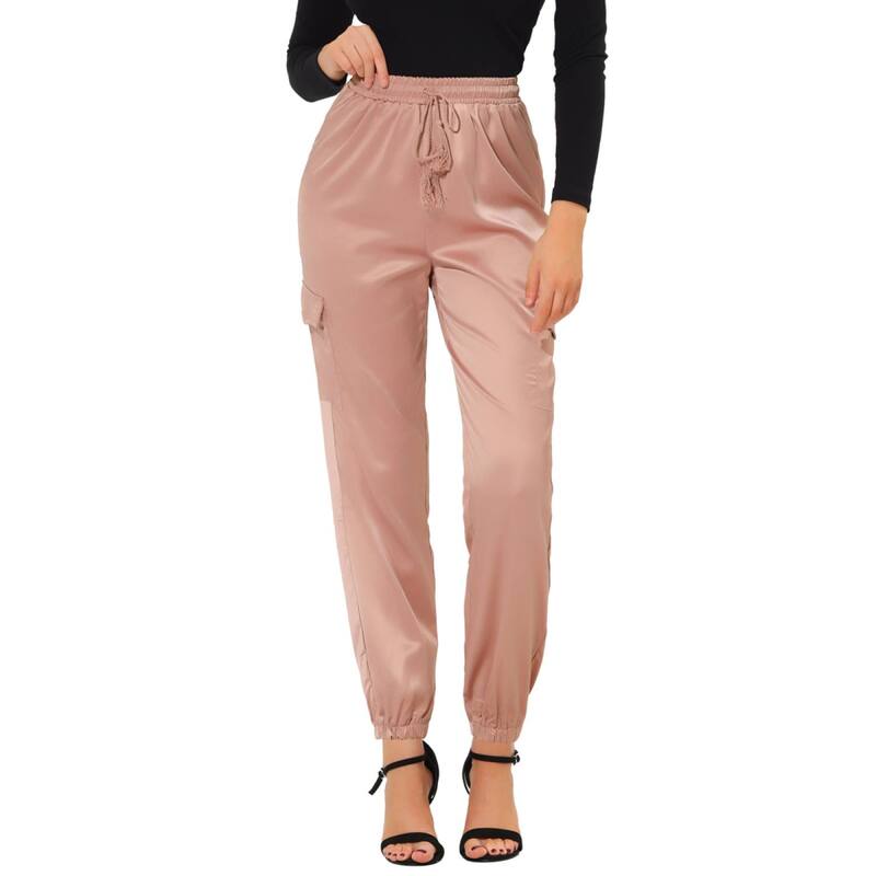 アレグラ ケー レディース ボトムス カジュアルパンツ サテン シルク ALLEGRA K Women's Drawstring Elastic High Rise Silky Satin Cargo Solid Pants Gray Pink グレー