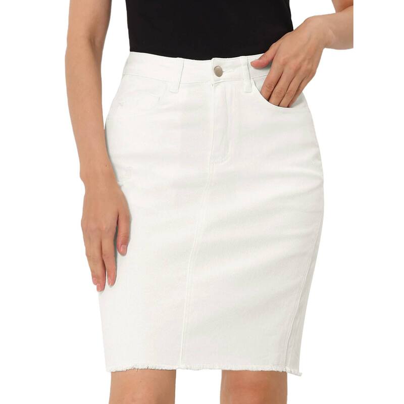 アレグラ ケー レディース ボトムスカート ひざ丈 ハイウエスト デニム ALLEGRA K Women's Distressed High Waist Ripped Hem Knee Length Denim Skirt White ホワイト