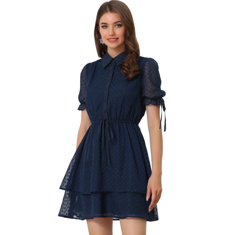 アレグラ ケー レディース トップス ワンピース ALLEGRA K Women's Collar Short Sleeve Drawstring Layeredress Dark Blue ブルー｜ReVida 店