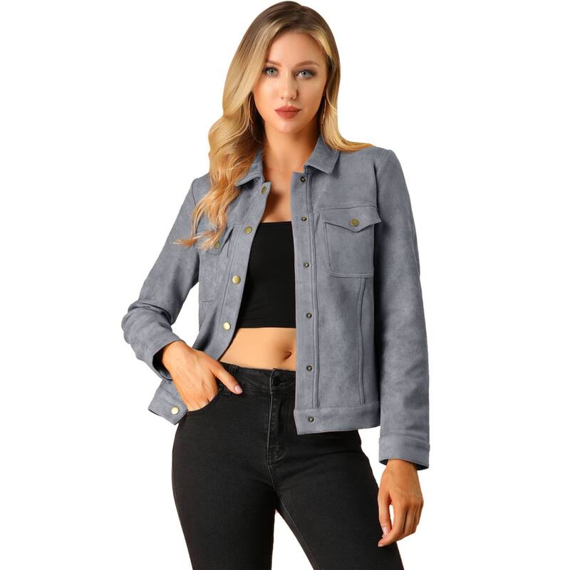 アレグラ ケー レディース アウター ジャケット・ブルゾン スエード ALLEGRA K Women's Jackets Long Sleeve Faux Suede Trucker Motorcycle Jacket Gray グレー|ReVida 店