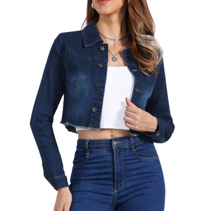アレグラ ケー レディース アウター 上衣・上衣 クロップド ジーンズ ALLEGRA K Women\u0027s Long Sleeves Button up Frayed Hem Croppedenim Jacket Nightfall Blue 青色 コート・ジャケット-レディースファッション