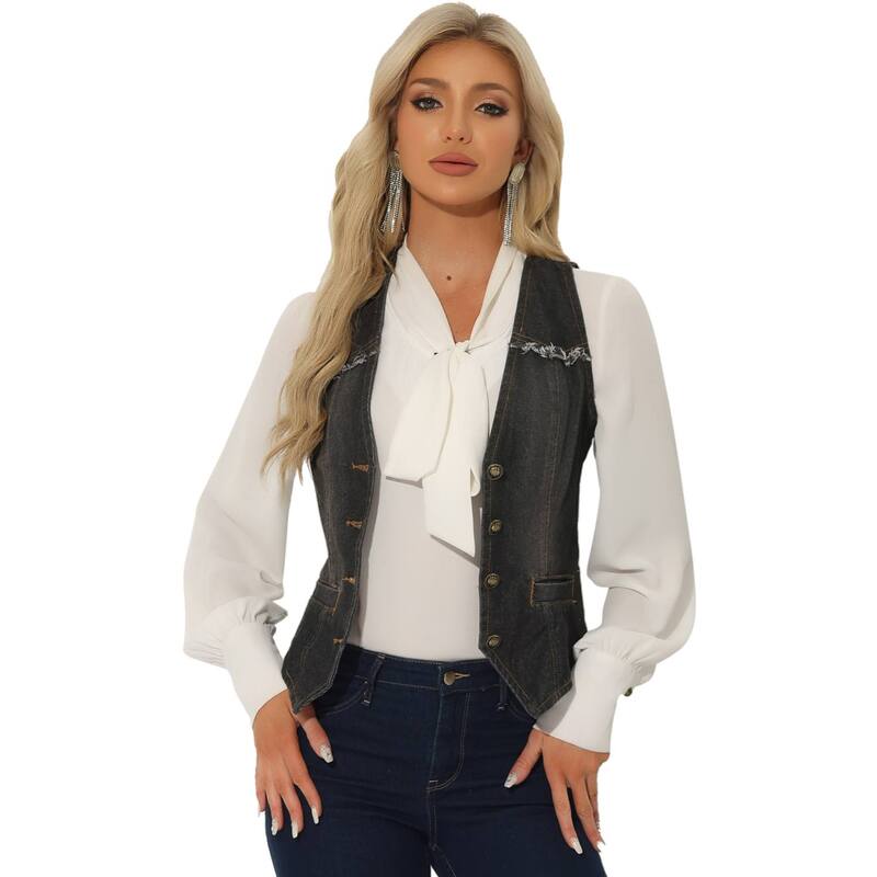 アレグラ ケー レディース アウター ジャケット・ブルゾン ベスト ノースリーブ デニム ALLEGRA K Women's Denim Vest Sleeveless Washedistressed Jean Jacket Black ブラック 11,085円