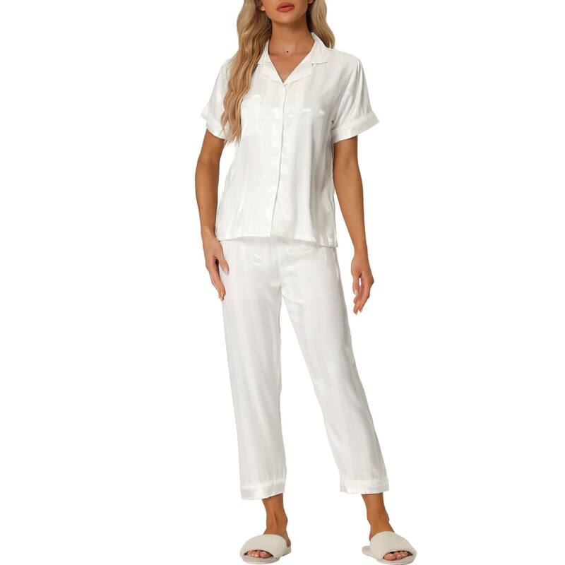 cheibear レディース アンダーウェア ナイトウェア ボタンダウン パンツ シャツ サテン ダウン cheibear Women'satin Button Down Short Sleeve Shirt and Long Pants Pajama Set White ホワイト