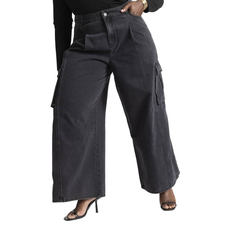 エロクイ レディース ボトムス デニムパンツ ワイドレッグ プラスサイズ ELOQUII Women's Plusize Wide Leg Cargo Jean Washed Black ブラック