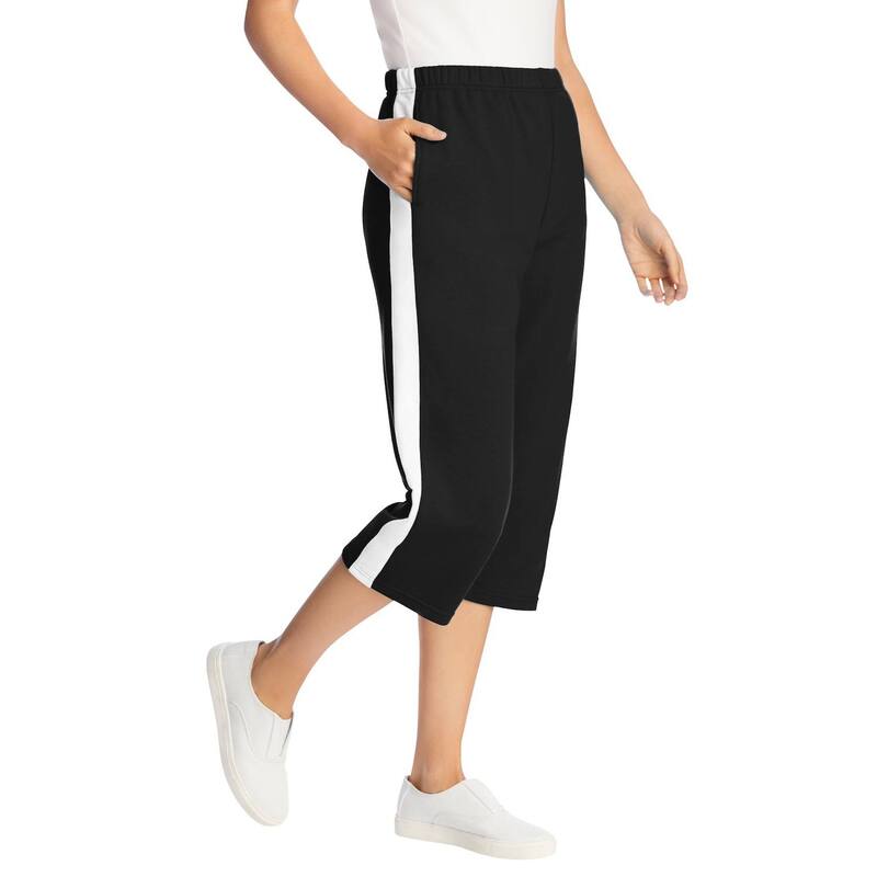 ウーマン ウィズイン レディース ボトムス カジュアルパンツ プラスサイズ パイル コットン キャップ Woman Within Plusize Side-Stripe Cotton French Terry Capri Black White ホワイト