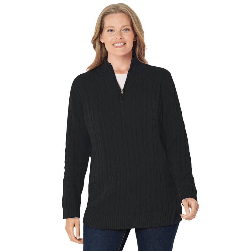 ウーマン ウィズイン レディース アウター ニット・セーター プラスサイズ Woman Within Plusize Cable Knit Half-Zipullover Sweater Black ブラック
