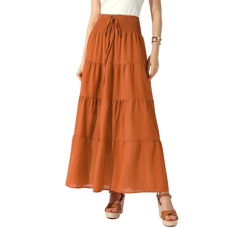 アレグラ ケー レディース ボトムスカート ティアード A ライン シャーリング マキシ ALLEGRA K Women's Boho Skirtsummer Smocked Elastic Waistiered A-line Beach Maxi Skirt Dark Orange オレンジ|ReVida 店