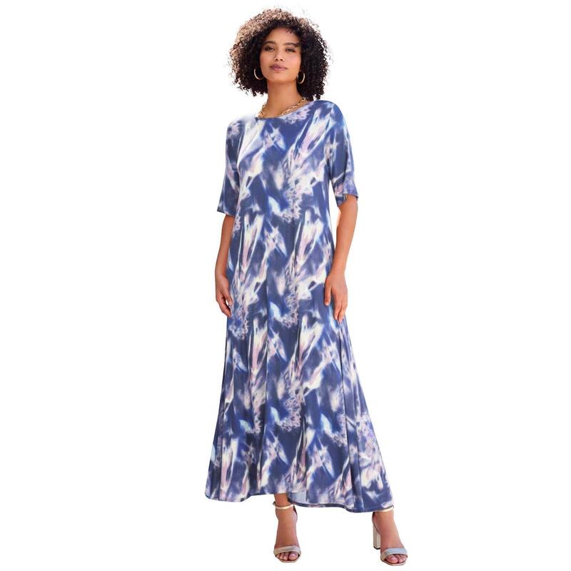 ロアマンズ レディース トップス ワンピース プラスサイズ ニット マキシ Roaman's Women's Plusize Stretch Knit High Low Short Sleeve Maxi Dress Purple Smoky Tie Dye パープル