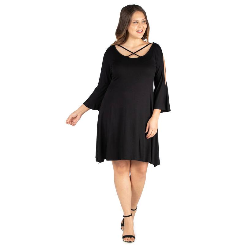 24 セブンコンフォート レディース トップス ワンピース プラスサイズ Plusize 24seven Comfort Apparel Criss Cross Neckline Cold Shoulder Dress Black ブラック|ReVida 店