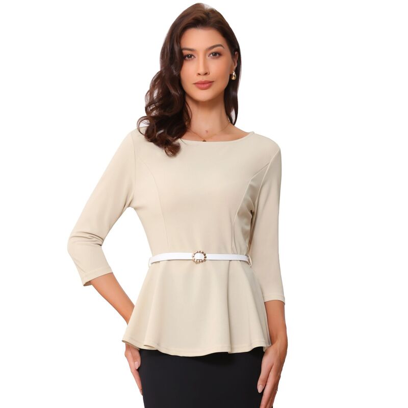 アレグラ ケー レディース トップス シャツ ブラウス ALLEGRA K Peplum Top for Women 3/4 Sleeve Belted Elegant Business Work Blouse Beige ベージュ