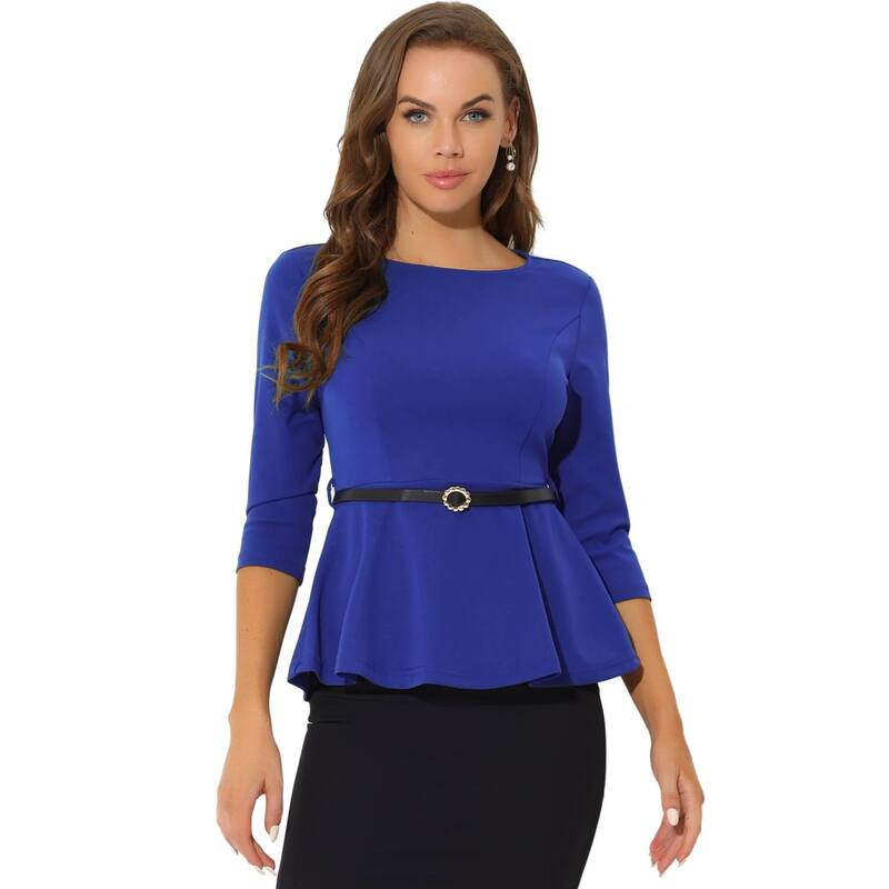 アレグラ ケー レディース トップス シャツ ブラウス ALLEGRA K Peplum Top for Women 3/4 Sleeve Belted Elegant Business Work Blouse Blue ブルー