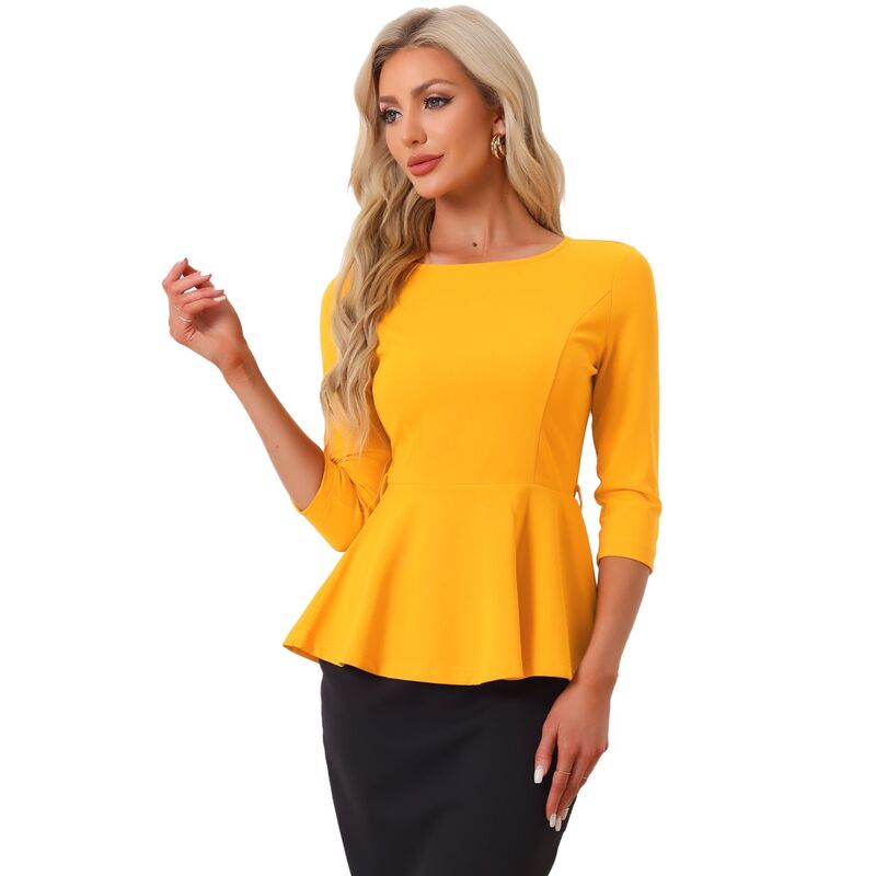 アレグラ ケー レディース トップス シャツ ブラウス ALLEGRA K Peplum Top for Women 3/4 Sleeve Belted Elegant Business Work Blouse Orange オレンジ