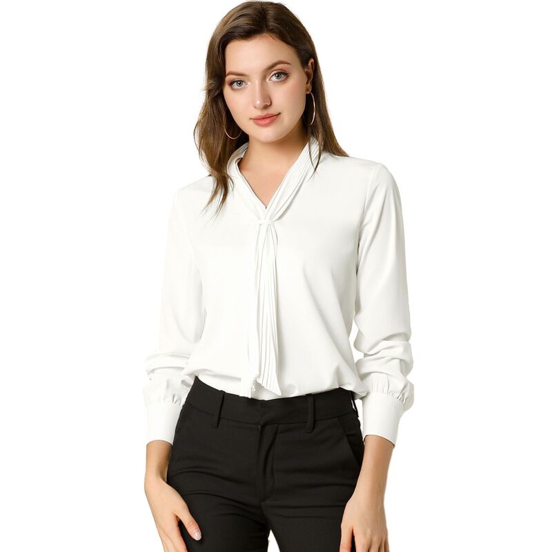 アレグラ ケー レディース トップス シャツ シフォン プリーツ ブラウス ALLEGRA K Women's Long Sleeve Blouses Chiffon Pleated Tie Neck Office Top Shirt White ホワイト｜ReVida 店