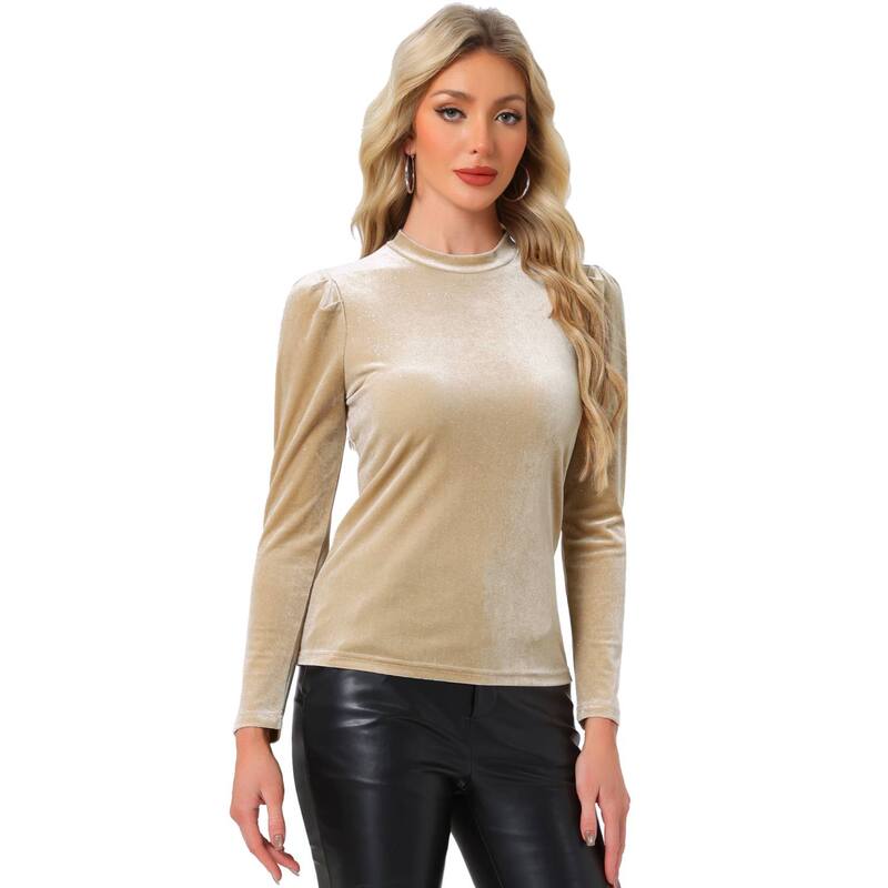 アレグラ ケー レディース トップス シャツ ヴィンテージ モックネック トール ベルベット ALLEGRA K Women's Metallic Velvet Long Sleeve Mock Neck Vintage Glitter T-shirt Beige ベージュ
