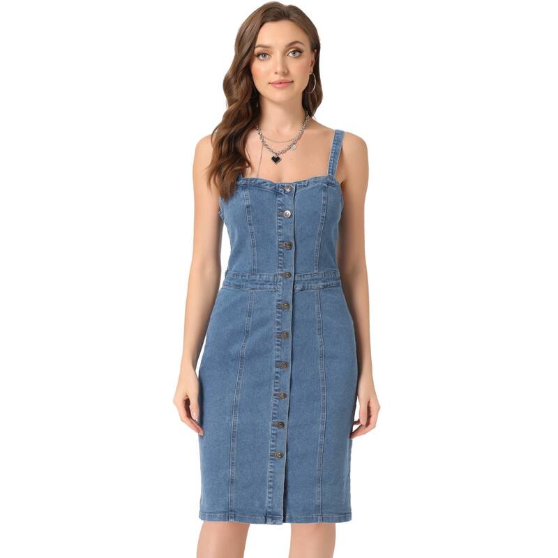 アレグラ ケー レディース トップス ワンピース ボタンダウン ノースリーブ ダウン デニム ALLEGRA K Button Down Denim Dress for Women'sleevelessweetheart Neck Jean Dresses Light Blue ブルー