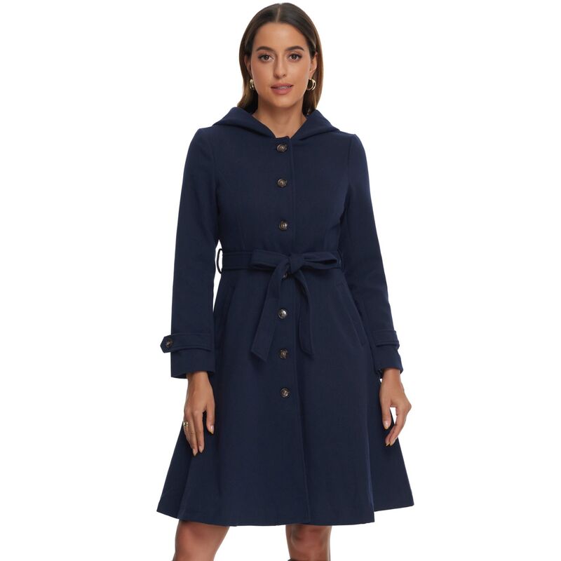 アレグラ ケー レディース アウター 上衣・上衣 厚地の外套 ALLEGRA K Single Breasted Belted Hooded Coat for Women Winter Coat with Pockets Dark Blue 青み