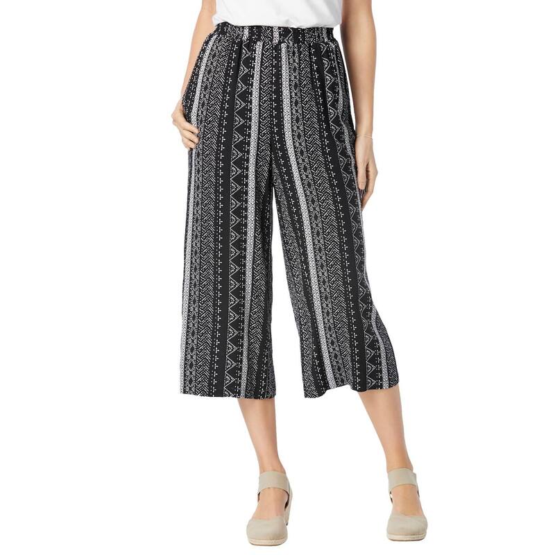 ウーマン ウィズイン レディース ボトムス カジュアルパンツ プラスサイズ キャップ Woman Within Plusize Pull-On Elastic-Waist Soft Capri Black Batik Stripe ブラック