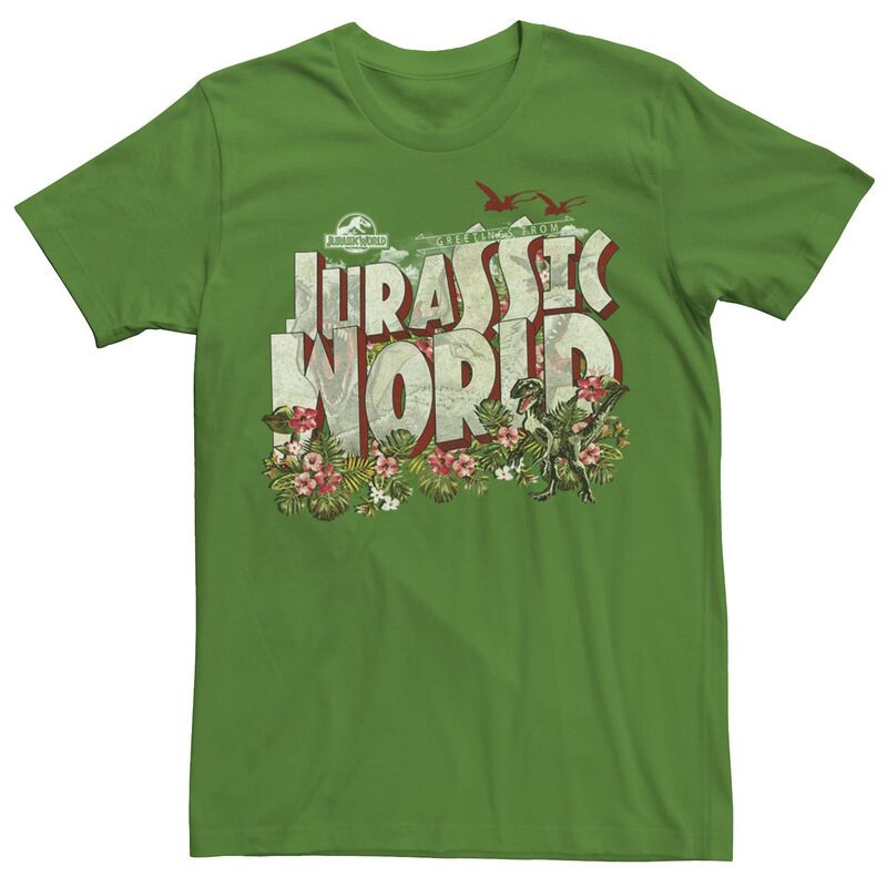 アニメ人となり メンズ トップス ティーシャツ Licensed Character Men\u0027s Jurassic World Tropical Raptor Postcard Tee Kelly トップス-Tシャツ・カットソー