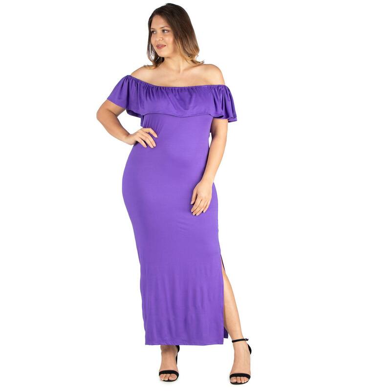 24 セブンコンフォート レディース トップス ワンピース プラスサイズ フリル マキシ Plusize 24seven Comfort Apparel Ruffled Off-The-Shoulder Maxi Dress Purple パープル