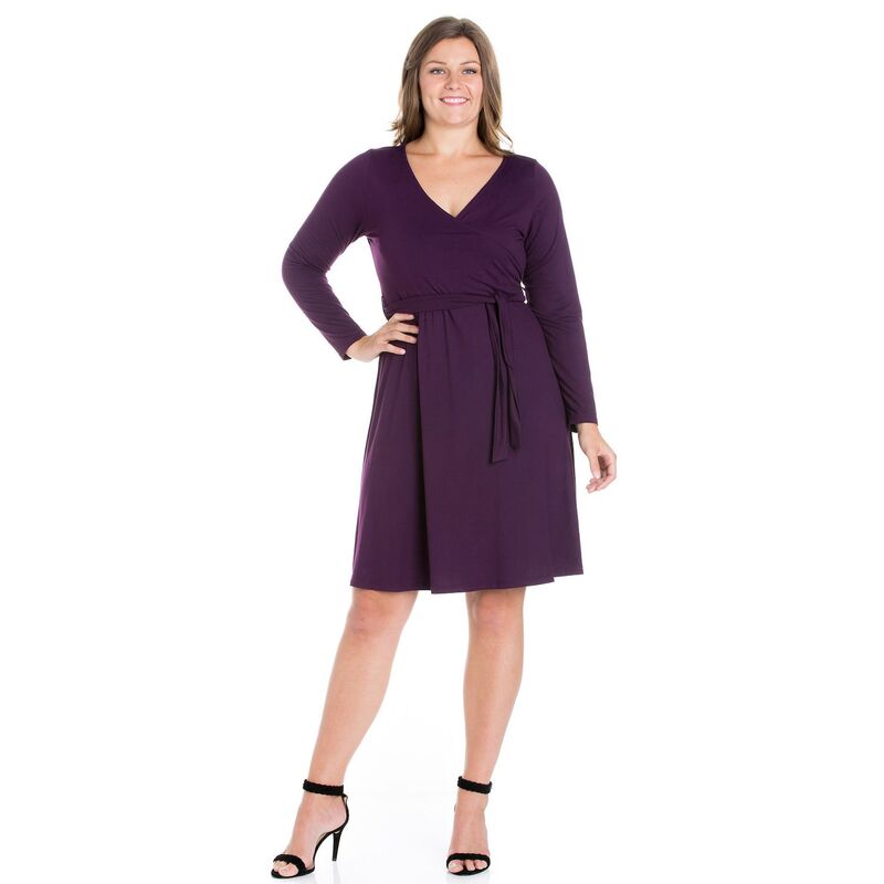 24 セブンコンフォート レディース トップス ワンピース Vネック プラスサイズ Plusize 24seven Comfort Apparel Chic V-Neck Long Sleeve Beltedress Purple パープル｜ReVida 店