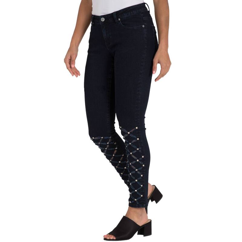 ポエティック ジャスティス レディース ボトムス デニムパンツ クロップド アンクル ジーンズ Poetic Justice Women's Curvy Fit Laser Cut Studded Cropped Ankle Jeans Dark Blue ブルー