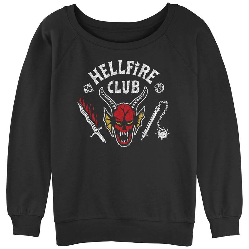 アニメキャラクター レディース アウター パーカー・スウェット シャツ Licensed Character Juniors' Stranger Things Hellfire Club Mace Andagger Slouchy Sweatshirt Black ブラック