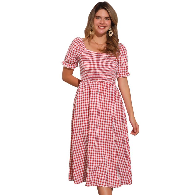 アレグラ ケー レディース トップス ワンピース ギンガムチェック シャーリング ギンガム ALLEGRA K Smockedress For Women'short Sleeve Square Neck Gingham Dresses Red レッド|ReVida 店