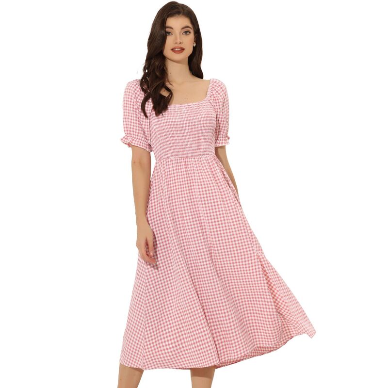 アレグラ ケー レディース トップス ワンピース ギンガムチェック シャーリング ギンガム ALLEGRA K Smockedress For Women'short Sleeve Square Neck Gingham Dresses Watermelon Pink ピンク|ReVida 店