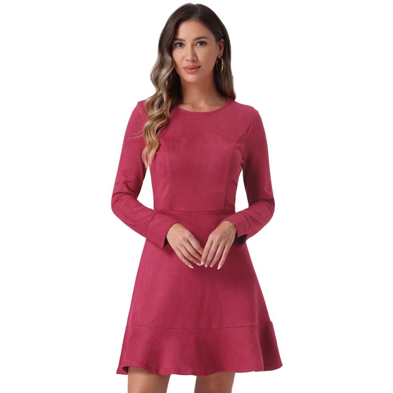 アレグラ ケー レディース トップス ワンピース クルーネック フリル ミニ スエード ALLEGRA K Women's Faux Suede Crew Neck Long Sleeve Zipperuffled Hemini Dress Burgundy バーガンディ