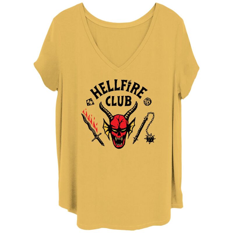 アニメキャラクター レディース トップス Tシャツ プラスサイズ グラフィック Licensed Character Juniors' Plusize Stranger Things Hellfire Club Graphic Tee Ochre