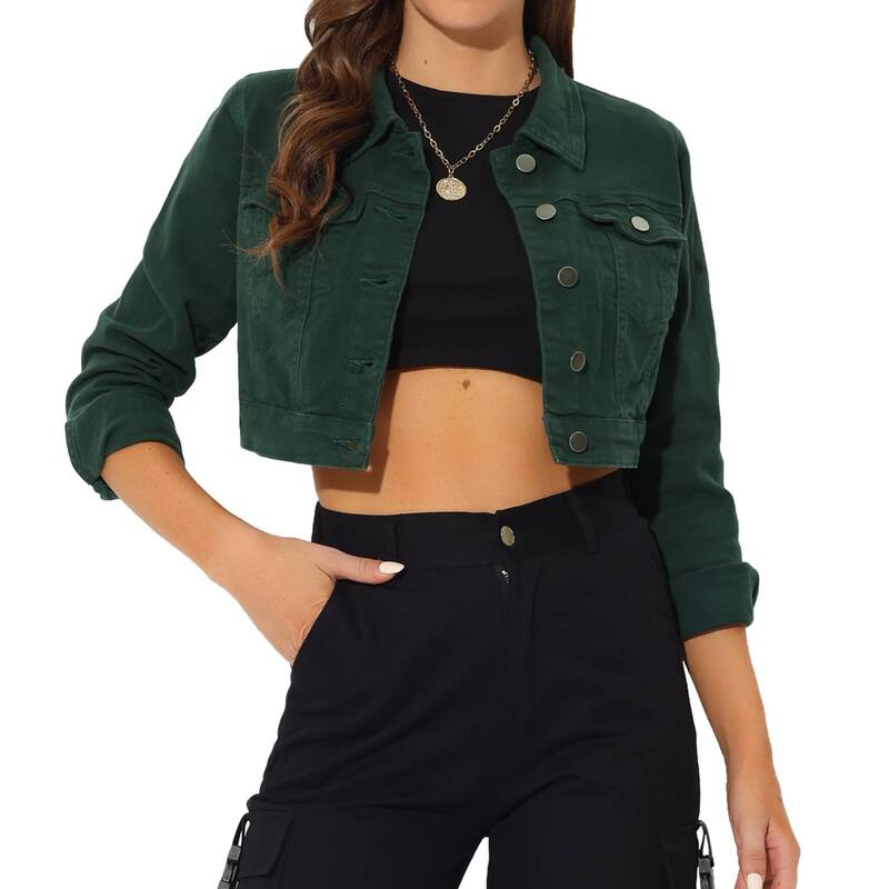アレグラ ケー レディース アウター 上衣・上衣 クロップド ジーンズ ALLEGRA K Women\u0027s Classic Long Sleevesingle Breasted Croppedenim Jacket Dark Green 緑であること