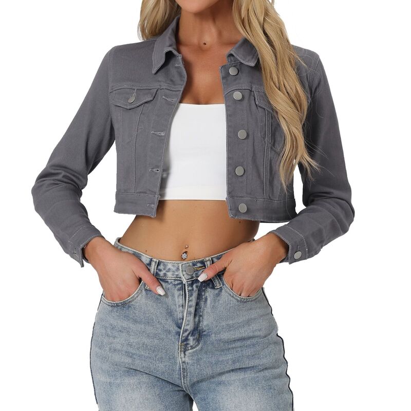 アレグラ ケー レディース アウター 上衣・上衣 クロップド ジーンズ ALLEGRA K Women\u0027s Classic Long Sleevesingle Breasted Croppedenim Jacket Grey 薄墨色
