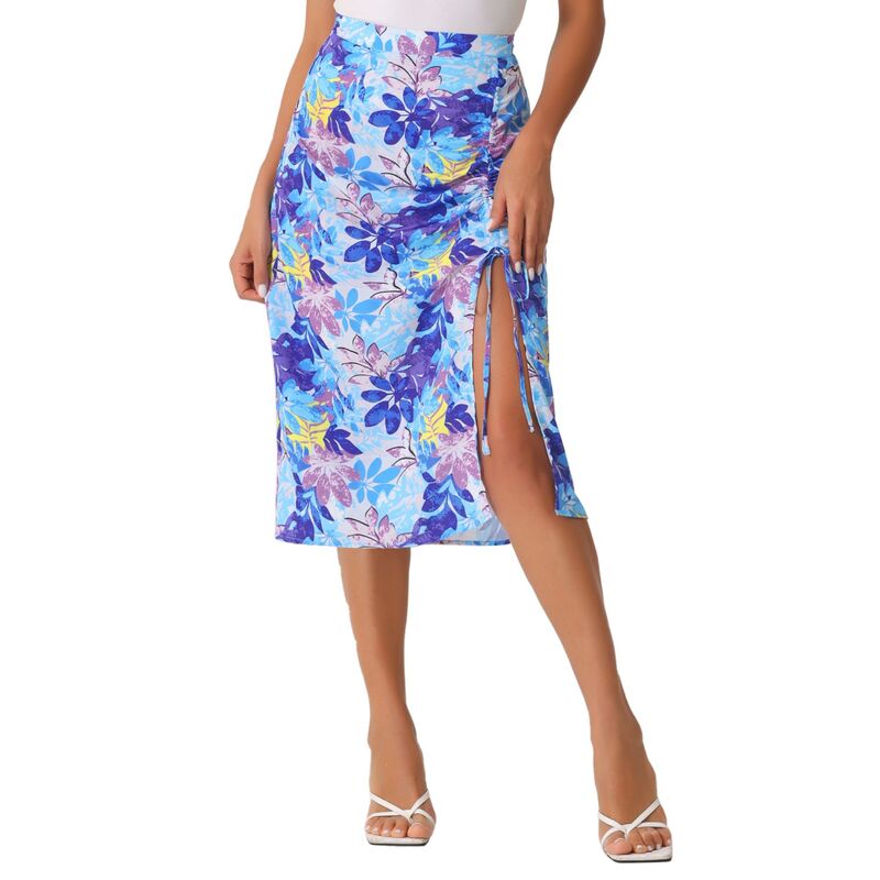 アレグラ ケー レディース ボトムスカート ギャザー ALLEGRA K Women's Hawaiian Skirts Beach Ruched Frontropical Skirt With Slit Blue ブルー