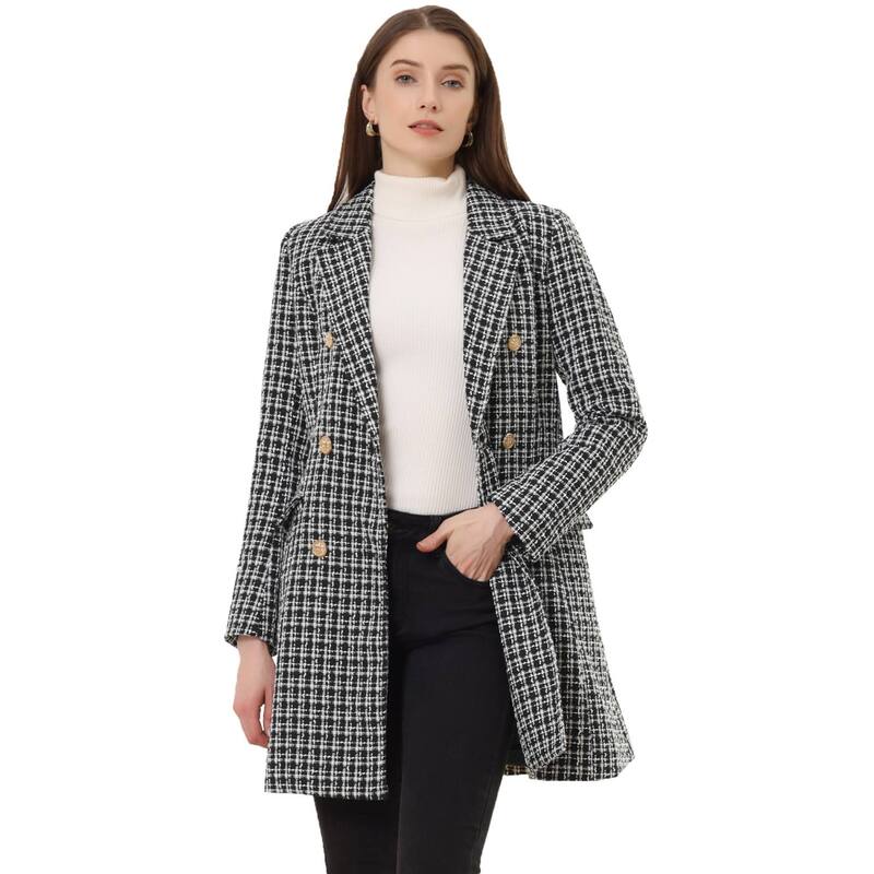 アレグラ ケー レディース アウター ジャケット・ブルゾン ツイード コート ブレザー ALLEGRA K Women Elegant Plaidouble Breasted Notched Lapel Tweed Blazer Coat Black ブラック