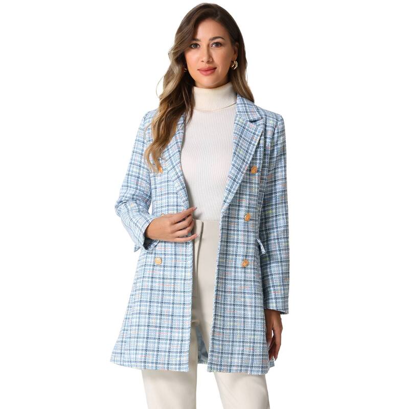 アレグラ ケー レディース アウター ジャケット・ブルゾン ツイード コート ブレザー ALLEGRA K Women Elegant Plaidouble Breasted Notched Lapel Tweed Blazer Coat Blue ブルー