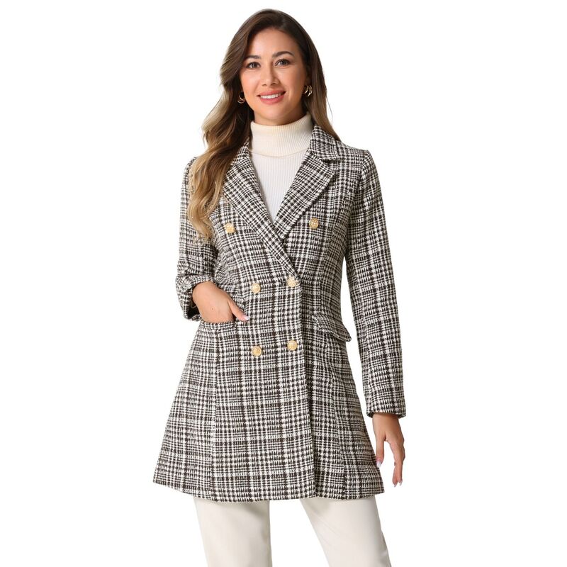 アレグラ ケー レディース アウター ジャケット・ブルゾン ツイード コート ブレザー ALLEGRA K Women Elegant Plaidouble Breasted Notched Lapel Tweed Blazer Coat Brown ブラウン