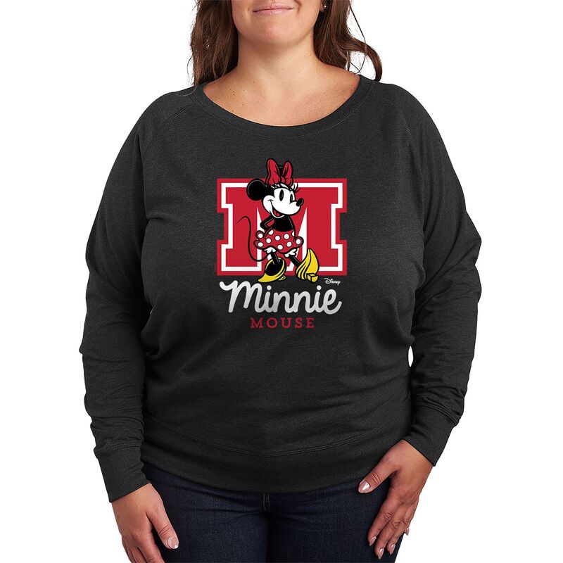 ディズニー レディース トップス Tシャツ プラスサイズ パイル Disney's Minnie Mouse Plusize Collegiate French Terry Long Sleeve Tee Heather Charcoal チャコール