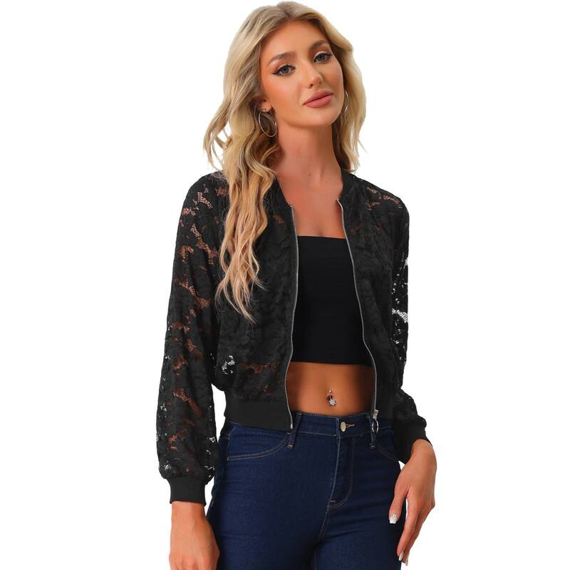 アレグラ ケー レディース アウター ジャケット・ブルゾン メッシュ シアー レース ALLEGRA K Lace Jackets For Women'stand Collar Zip Up Mesheer Bomber Jacket Black ブラック