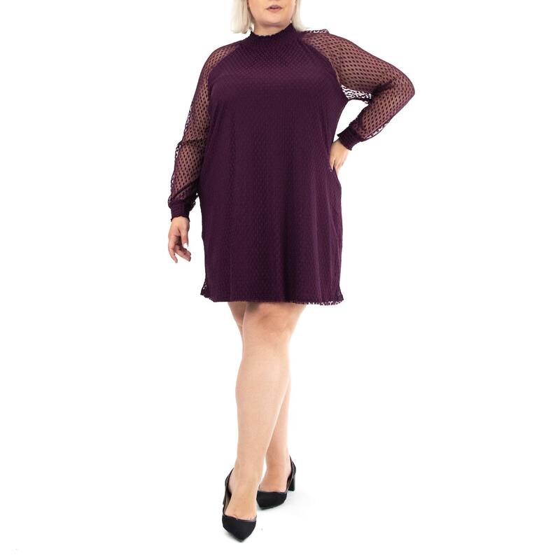 ニナレオナルド レディース トップス ワンピース モックネック プラスサイズ Plusize Nina Leonard Shirred Mock Neck Dress Black Plum ブラック