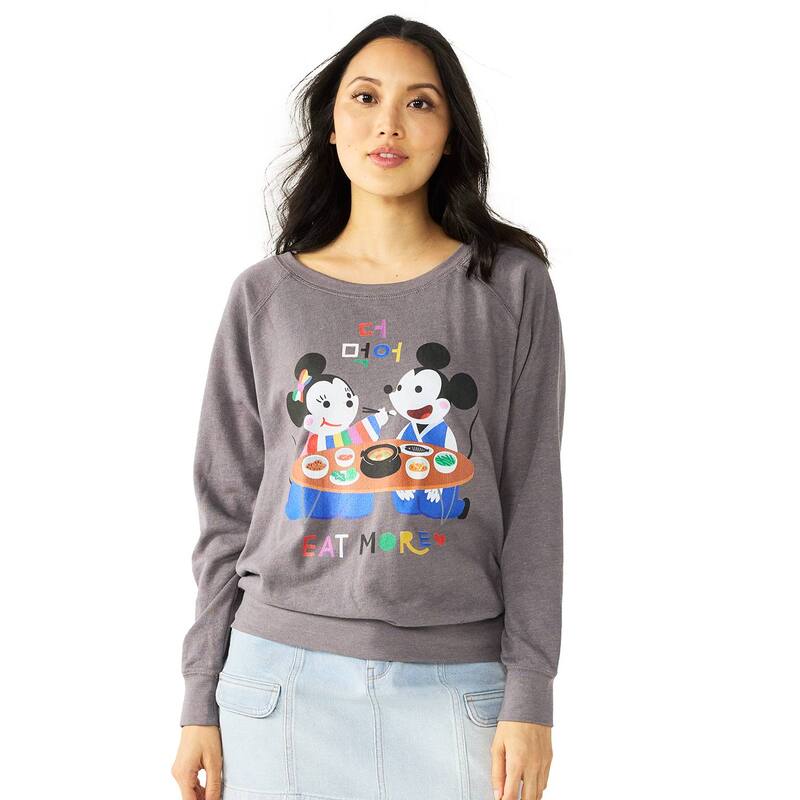 ディズニー レディース アウター パーカー・スウェット パイル シャツ グラフィック Disney's Mickey And Minnie Mouseating Together Slouchy Juniors' Terry Graphic Sweatshirt Gray Heather グレー