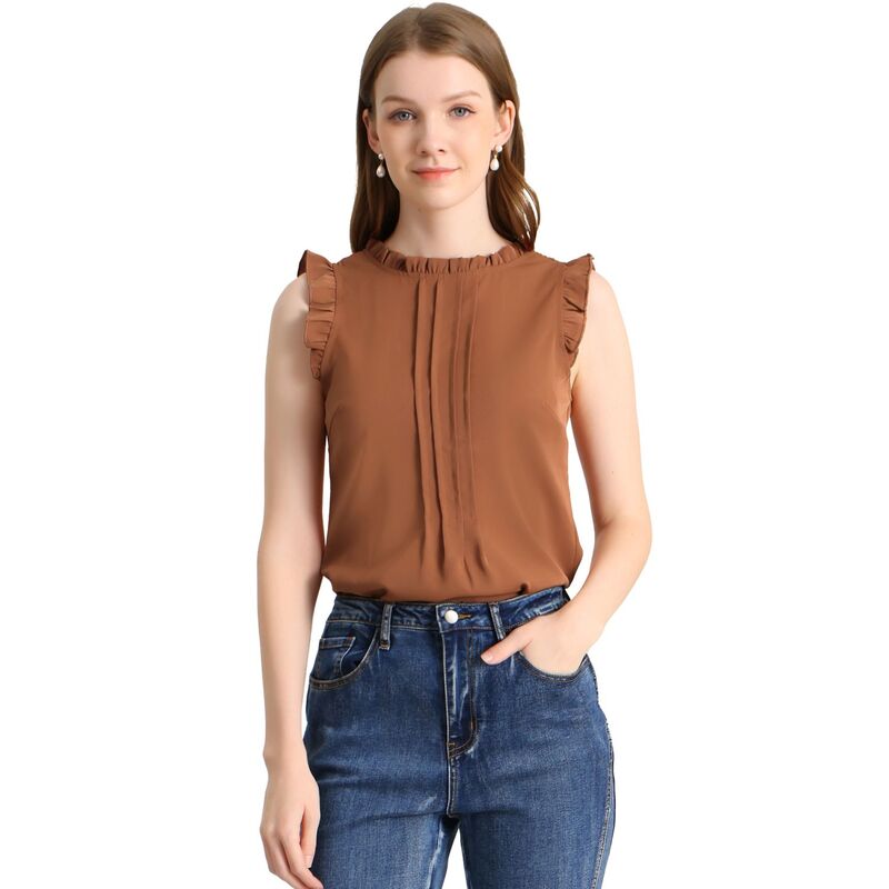 アレグラ ケー レディース トップス シャツ クルーネック プリーツ フリル ノースリーブラウス ALLEGRA K Women's Ruffled Crew Neck Sleeveless Pleated Blouse Tops Brown ブラウン
