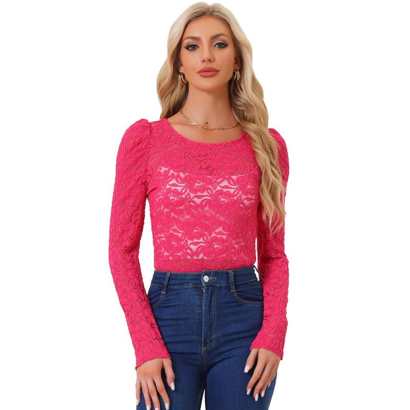 アレグラ ケー レディース トップス シャツ セミシアー ヴィンテージ シアー ブラウス レース ALLEGRA K Women's Vintage Semi Sheer Long Sleevembroidery Blouse Lace Top Hot Pink ピンク
